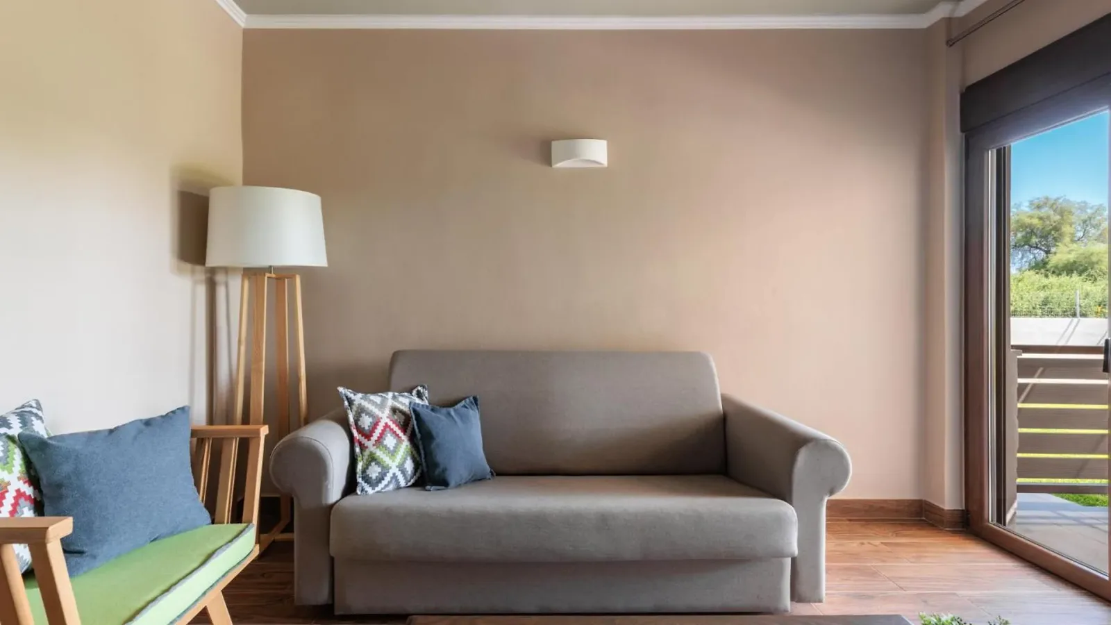 Villa Armonia living area with grey sofa